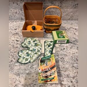 1999 Longaberger Lots of Luck Basket, lid, liner, protector, tie-on & handle tie